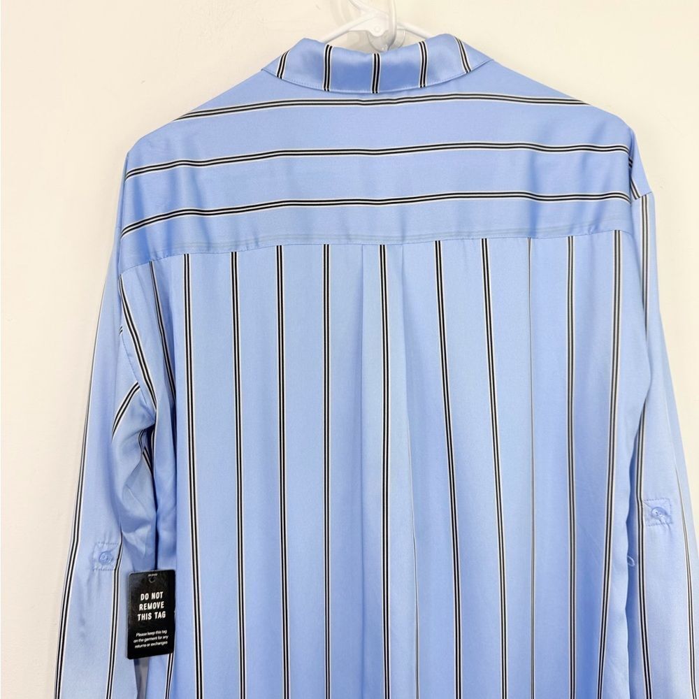 Express Light Blue Black Vertical Stripe Tab Sleeve Collared Shirt Dress NEW - Picture 10 of 15